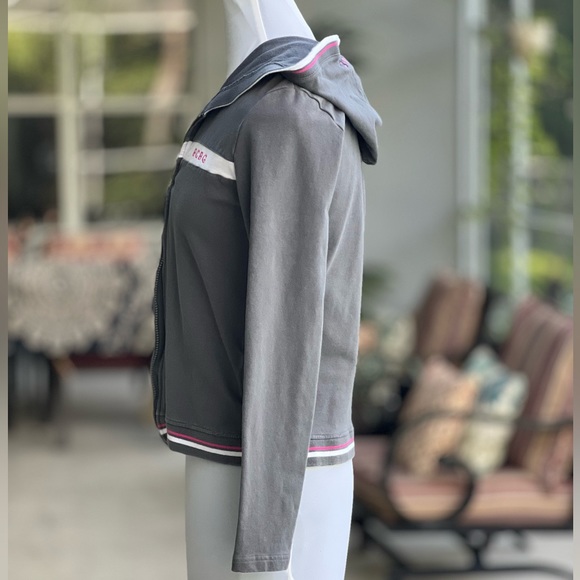 BCBG Max Azaria Hooded Jacket Large LG L Grey White and Pink Stripes - Picture 6 of 11